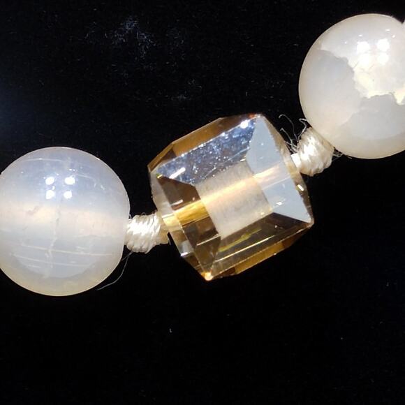 Square Crystal Light Topaz Crackle Glass Beaded Long Necklace, 40" Hand-knotted - Picture 3 of 10